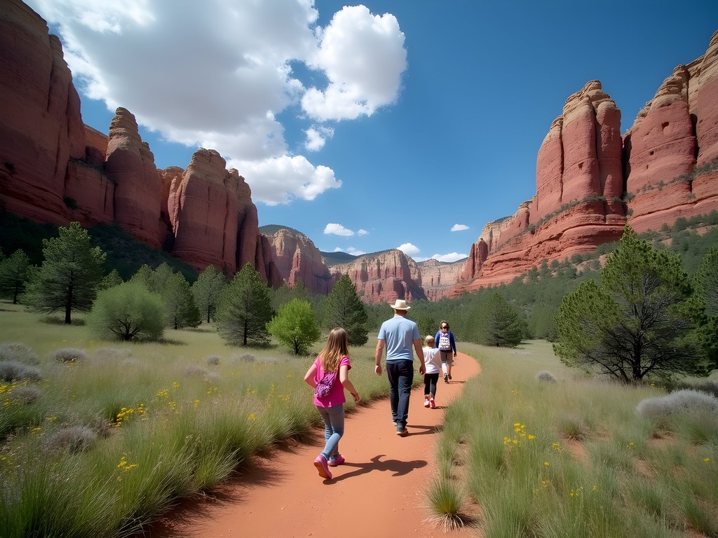 Family hiking among red rock formations at Roxborough State Park near Lakewood