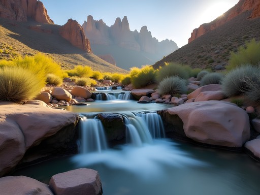 Seasonal waterfall in Soledad Canyon with desert vegetation and Organ Mountains backdrop