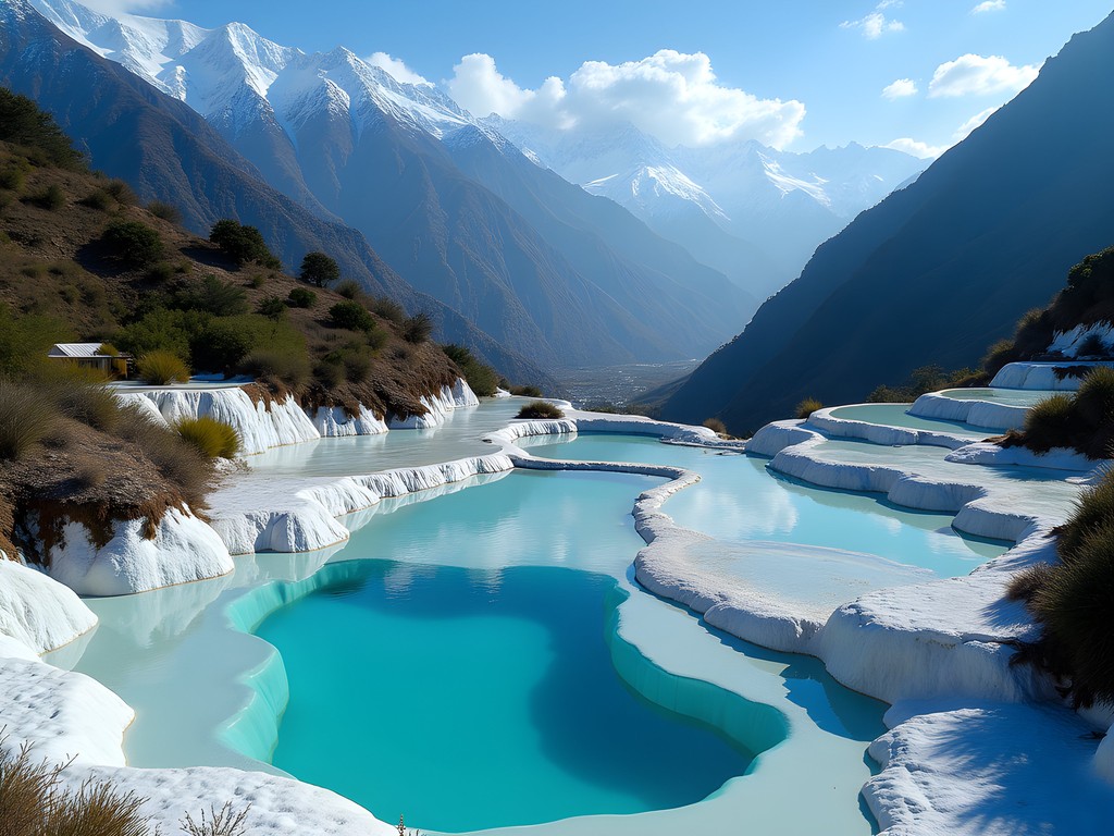 Vibrant turquoise pools of Blue Moon Valley with Jade Dragon Snow Mountain peaks in background