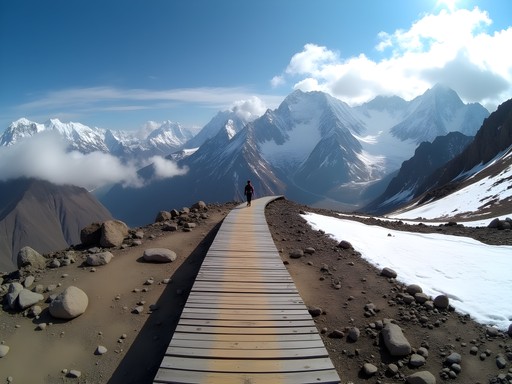 Hiker on wooden boardwalk approaching Glacier Park summit with panoramic mountain views