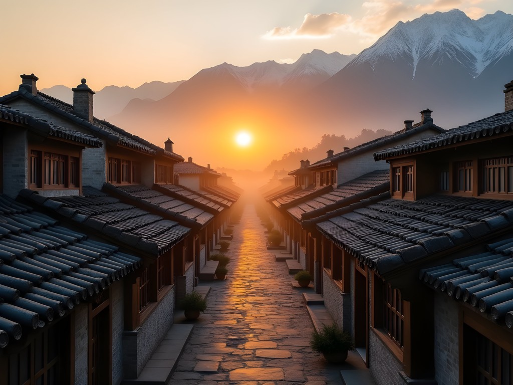 Sunrise over traditional rooftops of Lijiang Old Town with Jade Dragon Snow Mountain in background