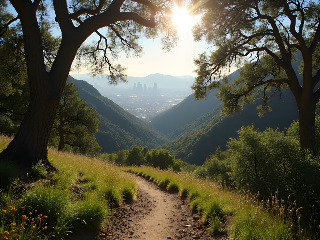 Sunlight filtering through oak trees on Angeles National Forest trail with downtown LA visible in distant background