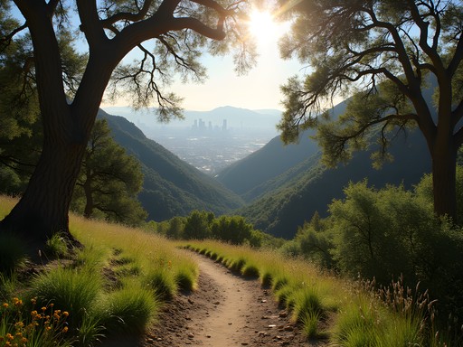 Sunlight filtering through oak trees on Angeles National Forest trail with downtown LA visible in distant background