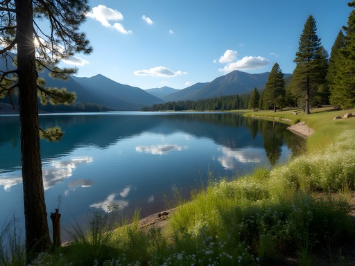 Morning light on Big Bear Lake in spring with wildflowers and pine trees framing the shoreline