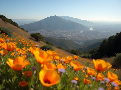 Vibrant spring wildflowers blooming on Mount Diablo slopes with panoramic Bay Area views