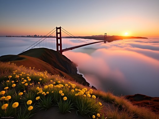 Sunset view from Mount Tamalpais with fog rolling through Golden Gate Bridge and San Francisco skyline