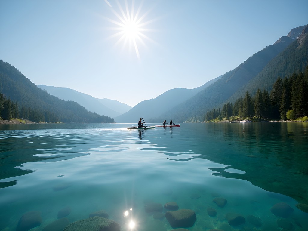 Family paddleboarding on crystal clear Payette Lake with mountain backdrop near McCall, Idaho
