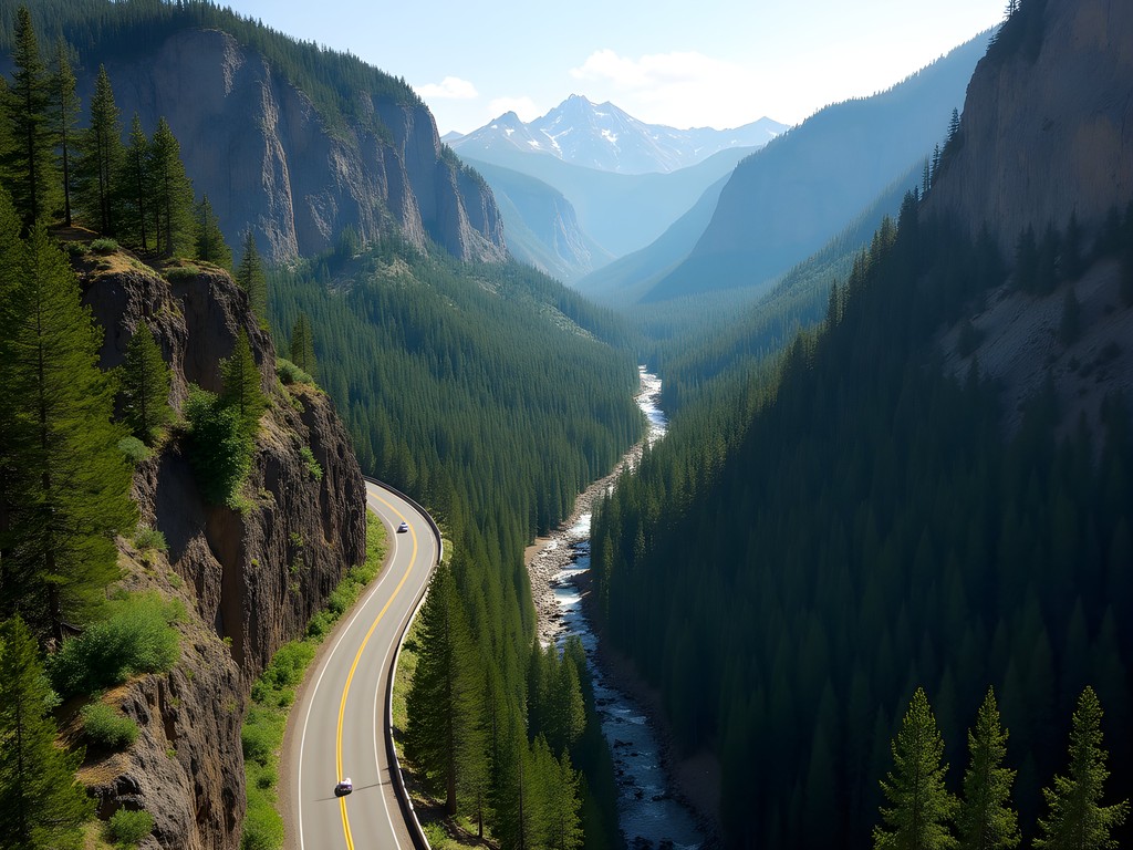 Highway 21 winding through Mores Creek canyon with dense forest and mountain peaks
