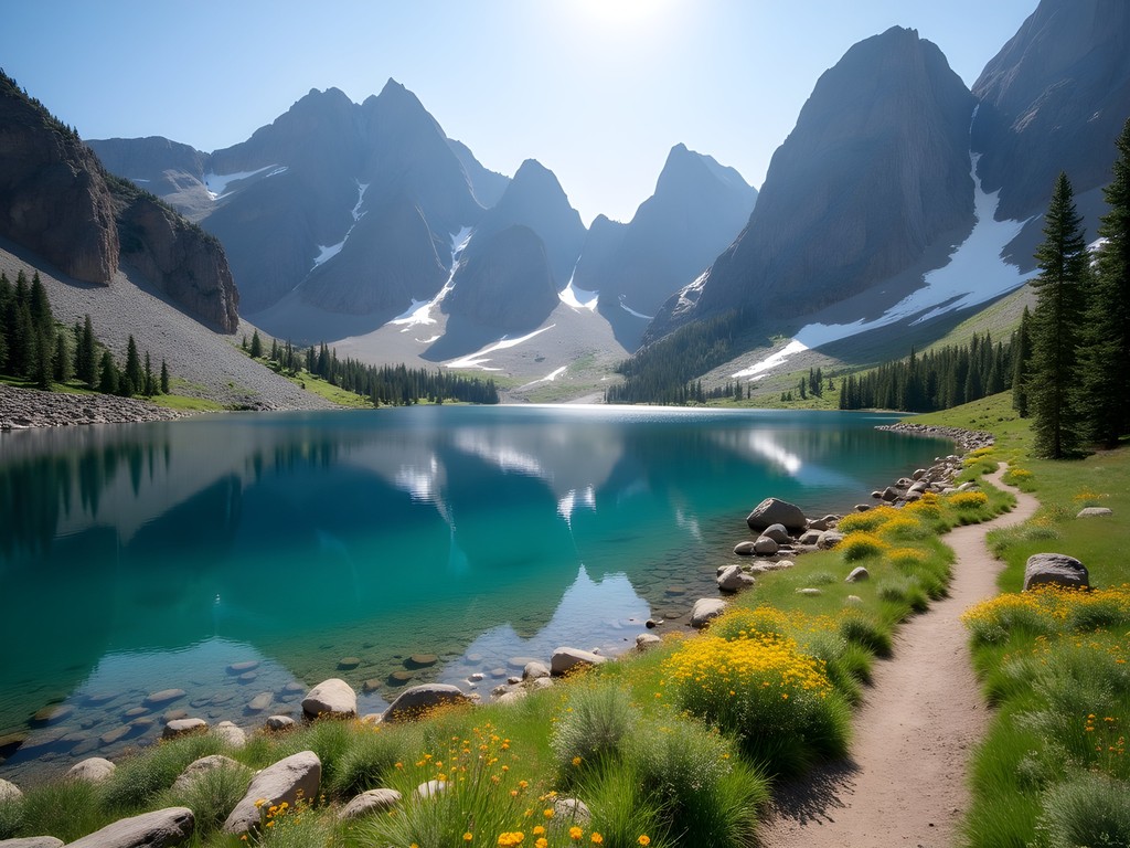 Alpine lake surrounded by granite peaks in Sawtooth Mountains with hikers on trail