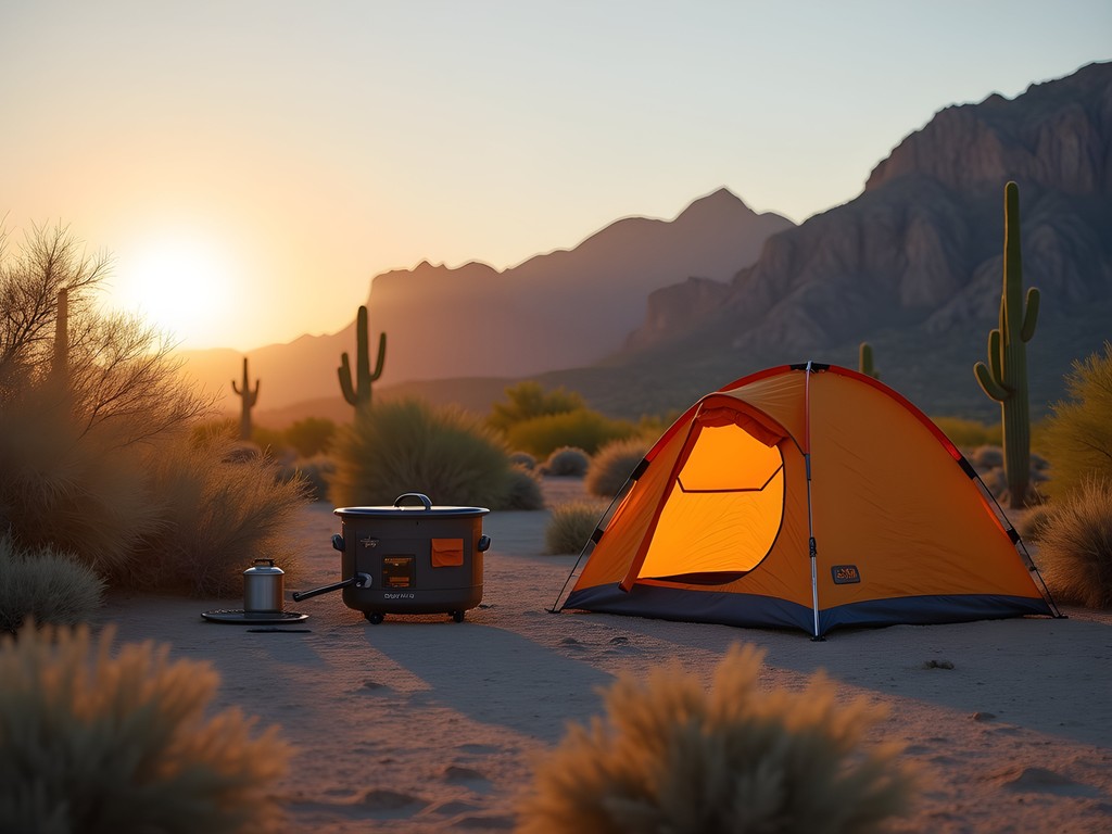 Simple campsite setup near Superstition Mountains with basic gear and beautiful view