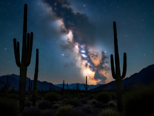 Milky Way galaxy over Superstition Mountains silhouette with saguaro cactus