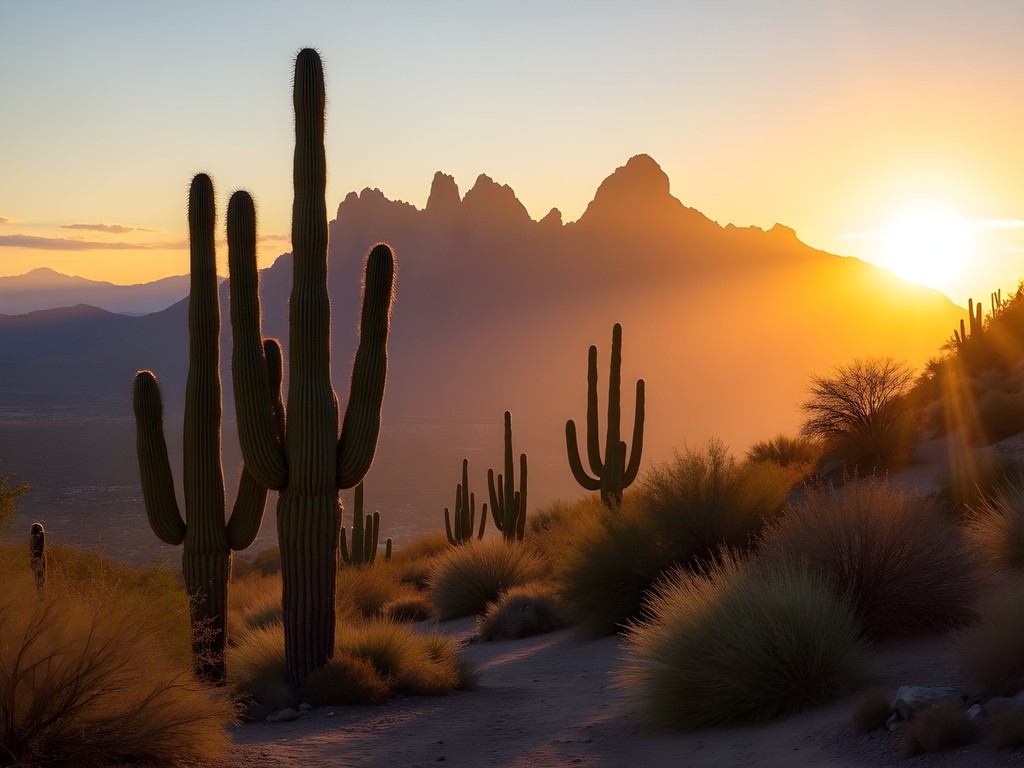 Dramatic sunrise over the jagged peaks of Superstition Mountains with saguaro cacti silhouettes