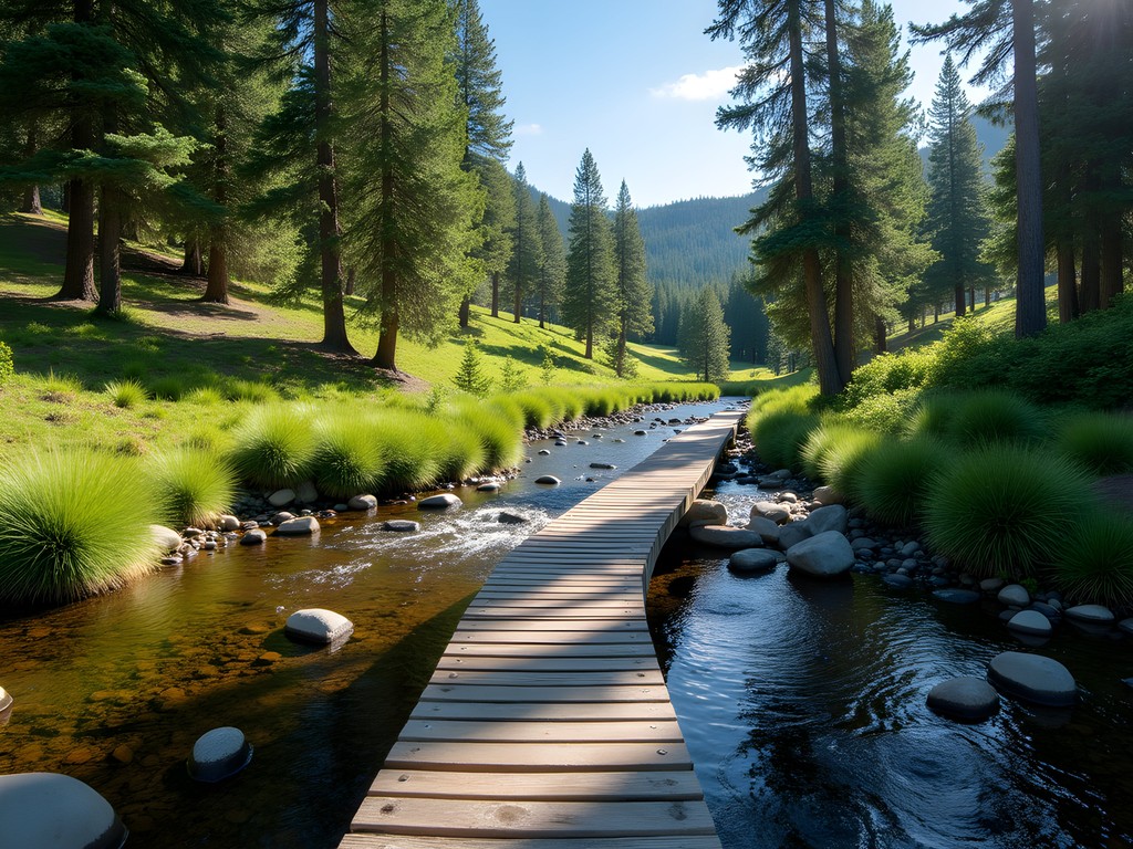 Wooden footbridge crossing over Rattlesnake Creek surrounded by pine forest