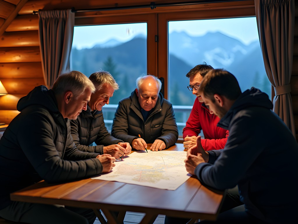 Group reviewing topographical maps of Mount Humboldt at base camp