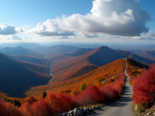 Panoramic view from Camel's Hump summit showing mountains covered in autumn foliage