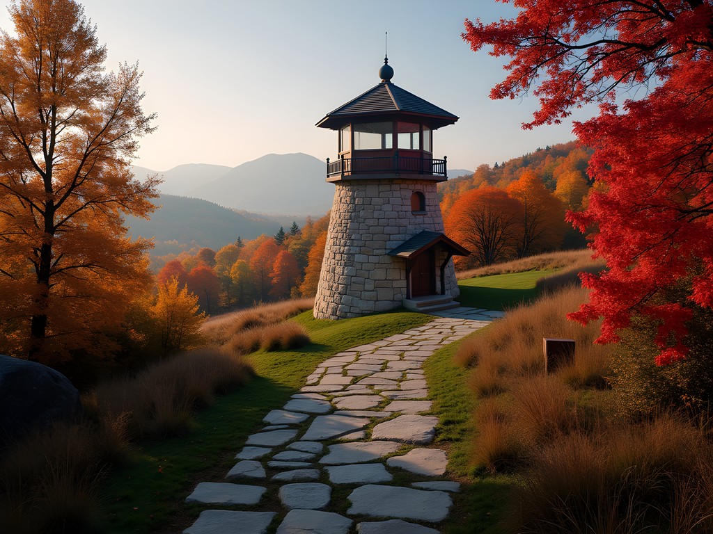 Stone observation tower in Hubbard Park surrounded by fall foliage