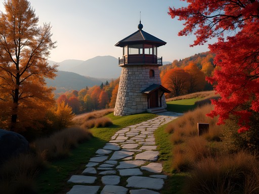 Stone observation tower in Hubbard Park surrounded by fall foliage