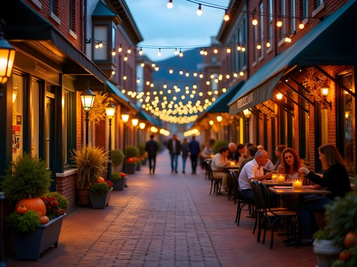 Montpelier's historic downtown street with restaurant patios and autumn decorations at dusk