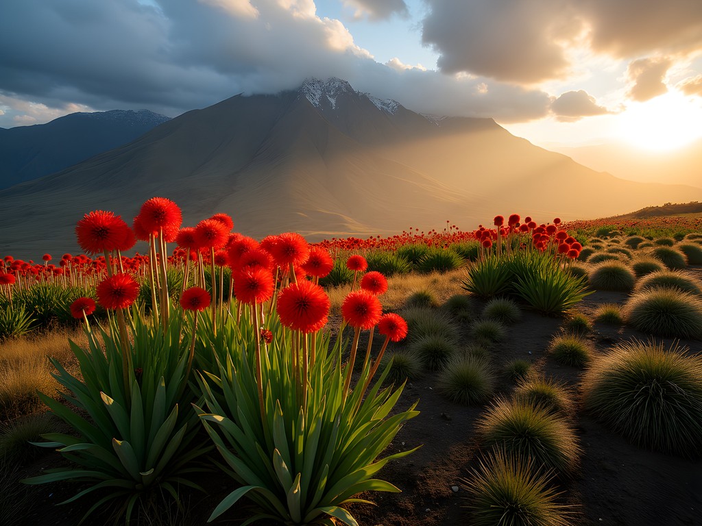 Giant lobelias and senecios on Mount Kenya's moorland with misty mountain backdrop