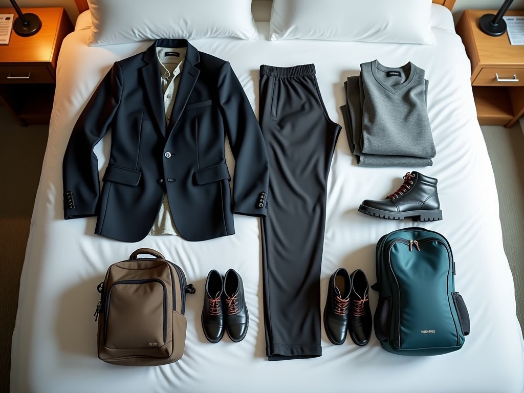 Efficient packing system showing dual-purpose clothing for business and hiking trips