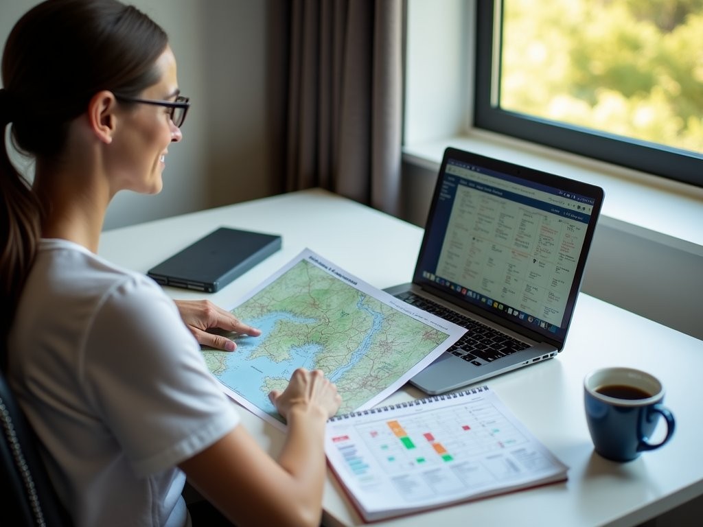 Business professional planning dual work-hiking itinerary with maps and laptop