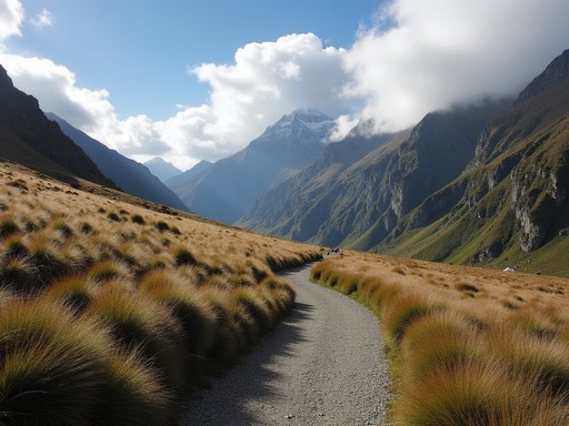 Hiking trail through alpine terrain on the way to Sunrise Hut in Tararua Range