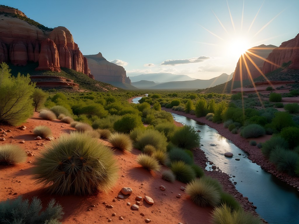 Dramatic landscape transition from desert terrain to red rock formations