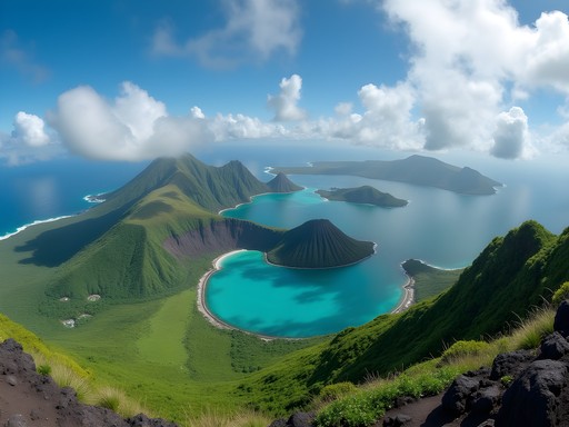 Panoramic view from Nguna Island showing twin volcanic peaks and Pacific Ocean