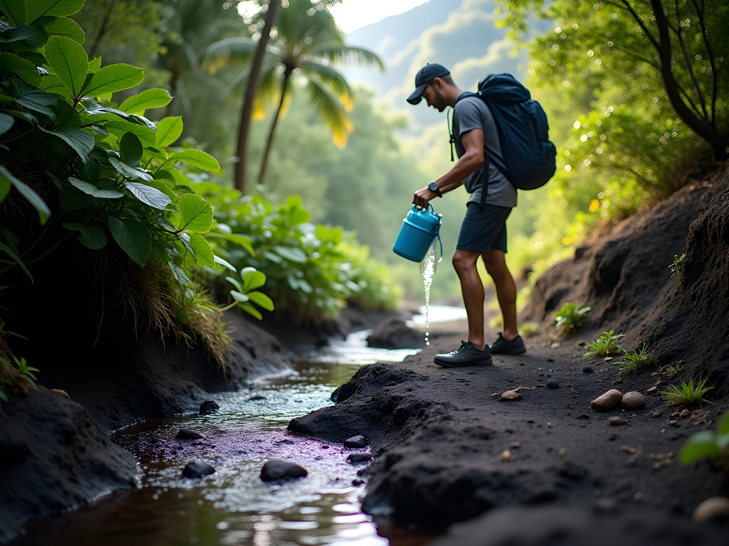 Sustainable hiking practices in Vanuatu showing water filtration and waste management