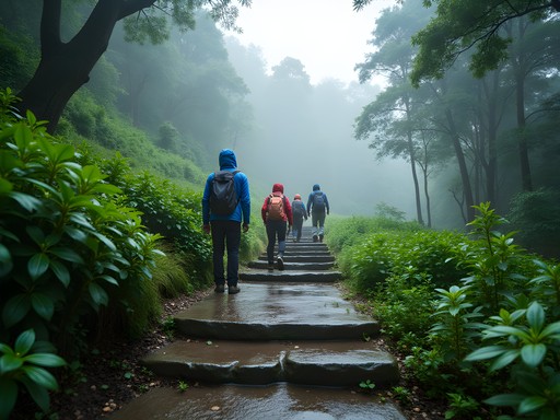 Trekking group ascending Rajmachi Fort trail through monsoon greenery in Western Ghats near Pune