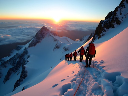 Climbers ascending Chimborazo's glaciated slopes at dawn