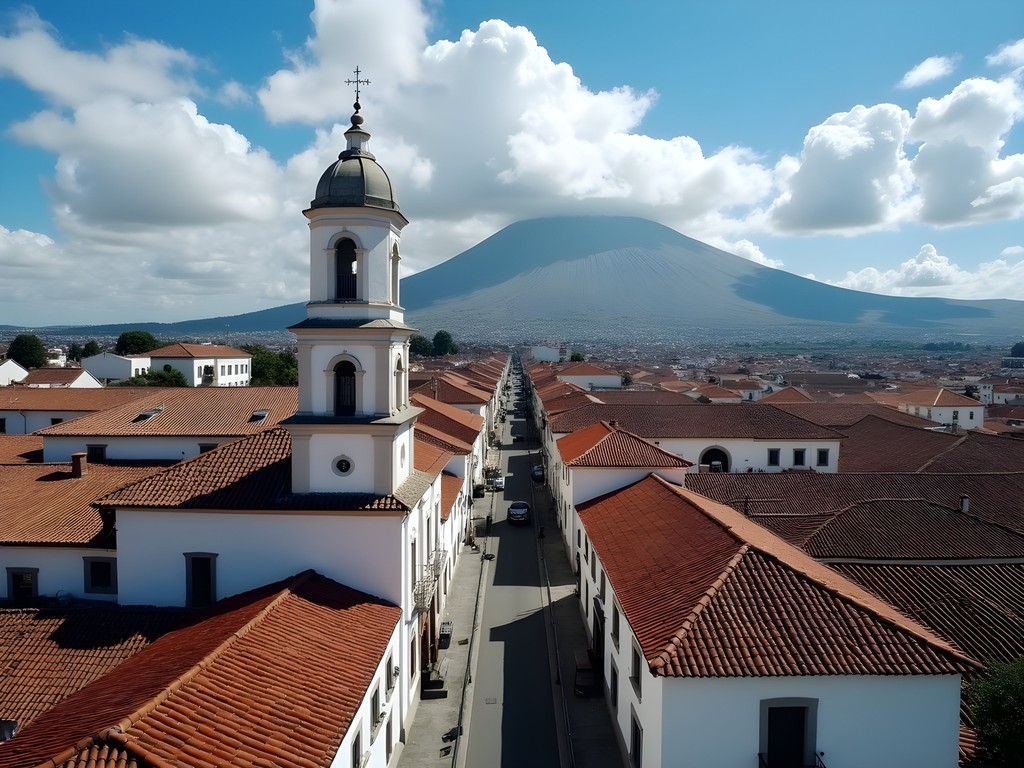View of Quito's historic center with volcanic peaks in background