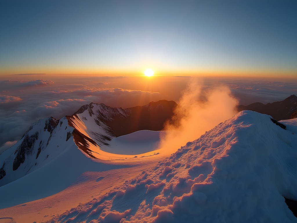 Sunrise view from Cotopaxi volcano summit with shadow cone