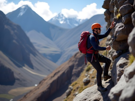 Climber negotiating technical rock section on Iliniza Norte