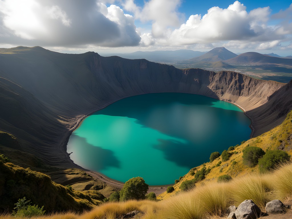 Stunning turquoise Quilotoa crater lake with surrounding mountains