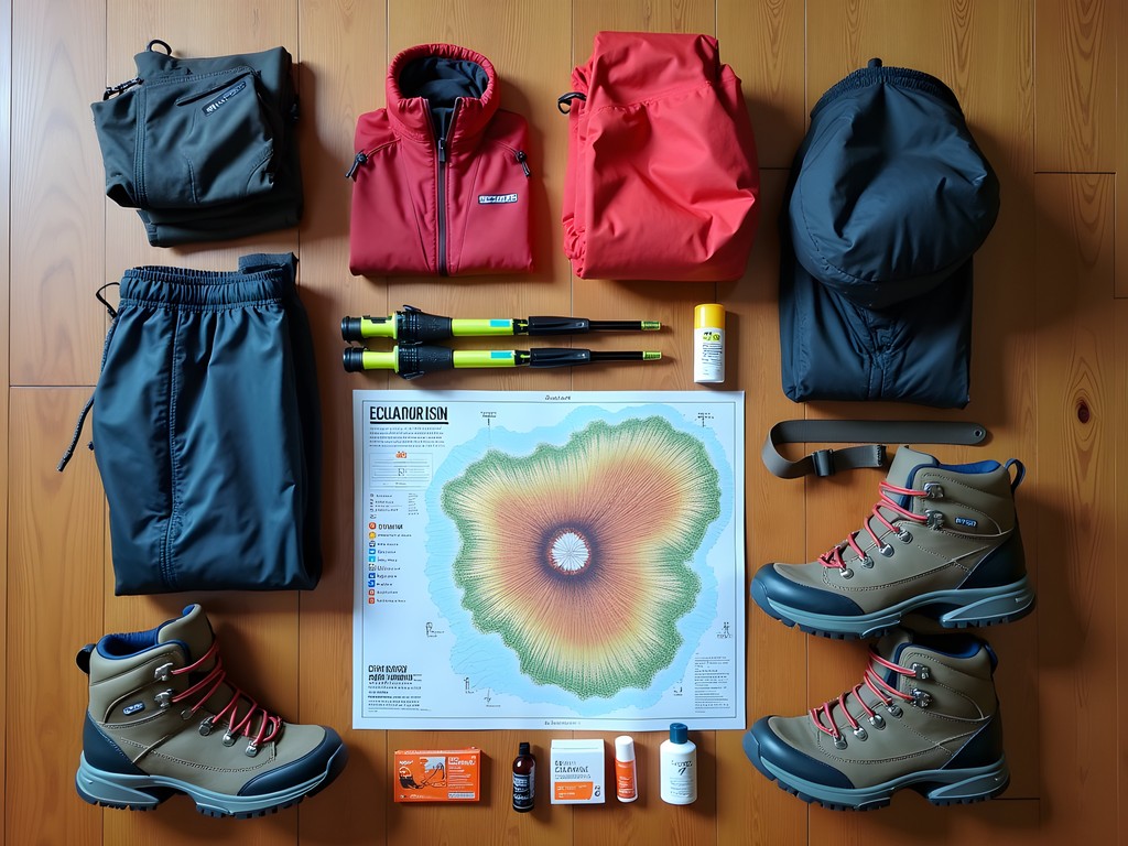 Essential hiking gear laid out for Quito mountain expedition