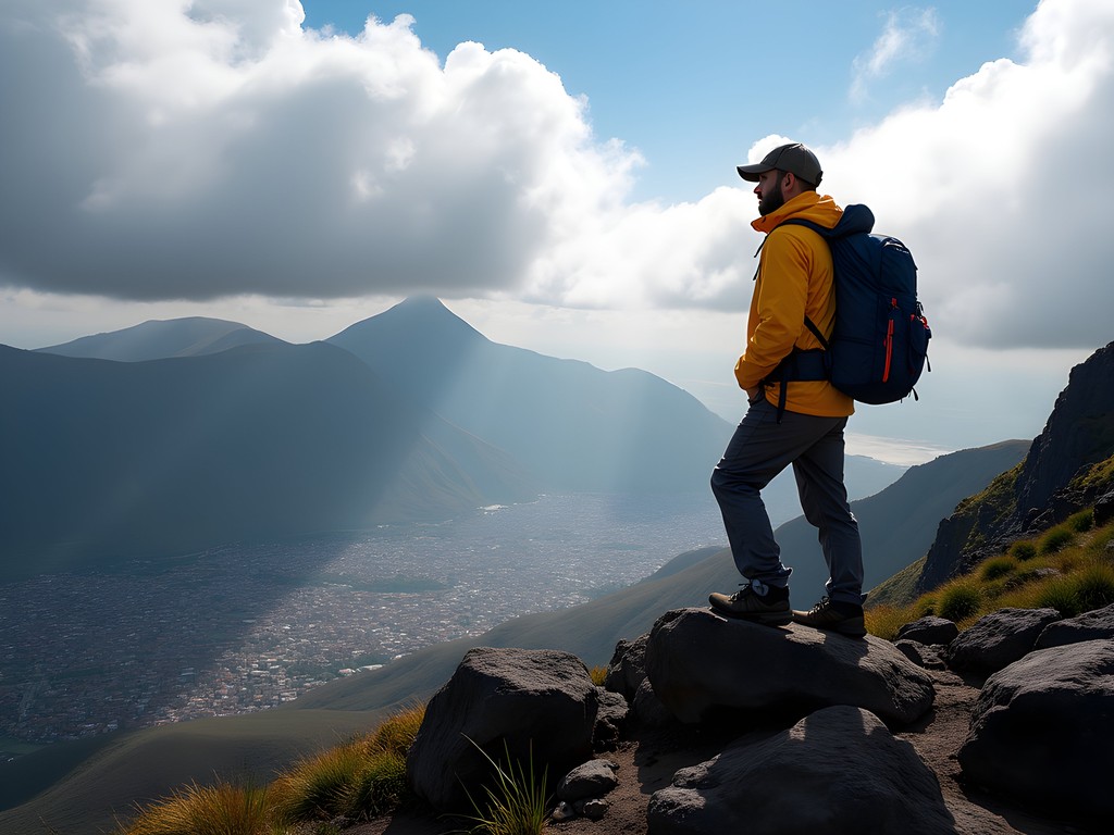Hiker reaching Rucu Pichincha summit with Quito view