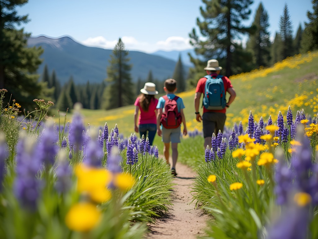 Family hiking through wildflower meadows in Mount Rose Wilderness