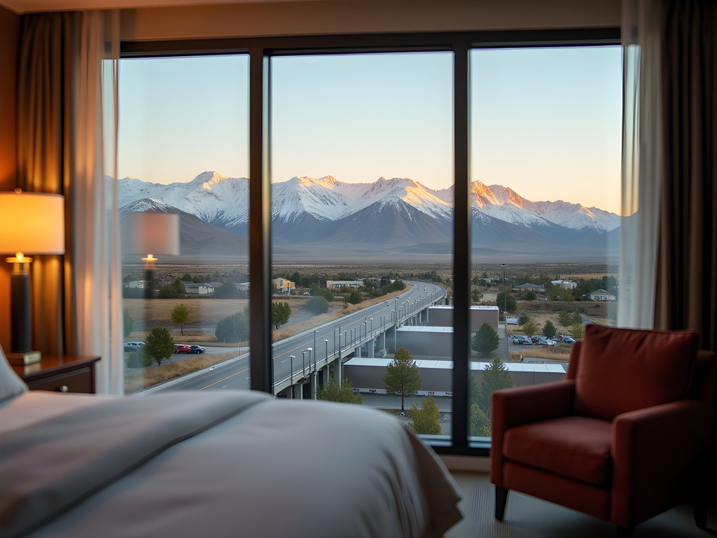 Panoramic view of Sierra Nevada mountains from Reno hotel room