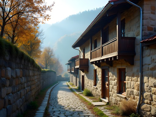 Traditional stone houses in Kovachevitsa village with cobblestone streets and autumn foliage