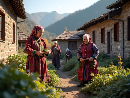 Traditional Pomak village in the Rhodope Mountains with women in colorful traditional dress tending gardens