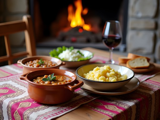 Traditional Bulgarian meal served in a rustic guesthouse dining room in the Rhodope Mountains