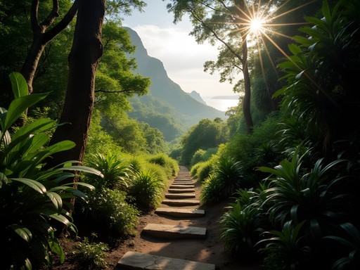 Lush forest trail on Corcovado Mountain with glimpses of Rio through the trees