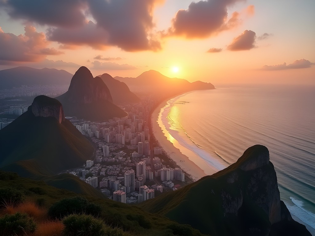 Sunrise view from Two Brothers Mountain showing Ipanema Beach bathed in golden light