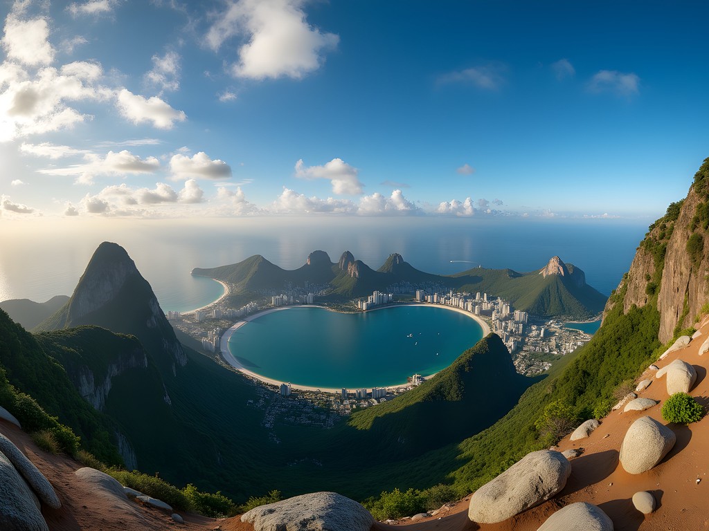 Panoramic view from Pedra da Gávea summit showing Rio's coastline and mountains