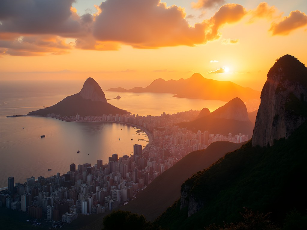 Sunset panorama from Morro da Urca showing Sugarloaf Mountain and Rio de Janeiro bay