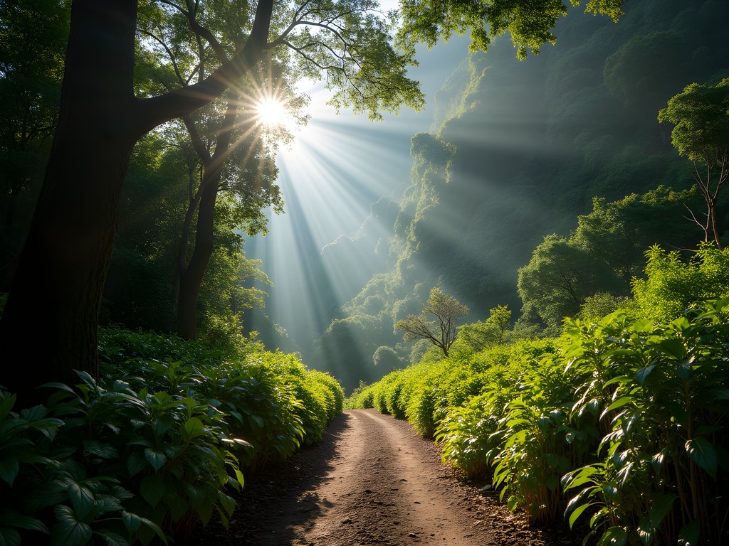 Lush green trail in Tijuca National Park with sunlight filtering through the canopy