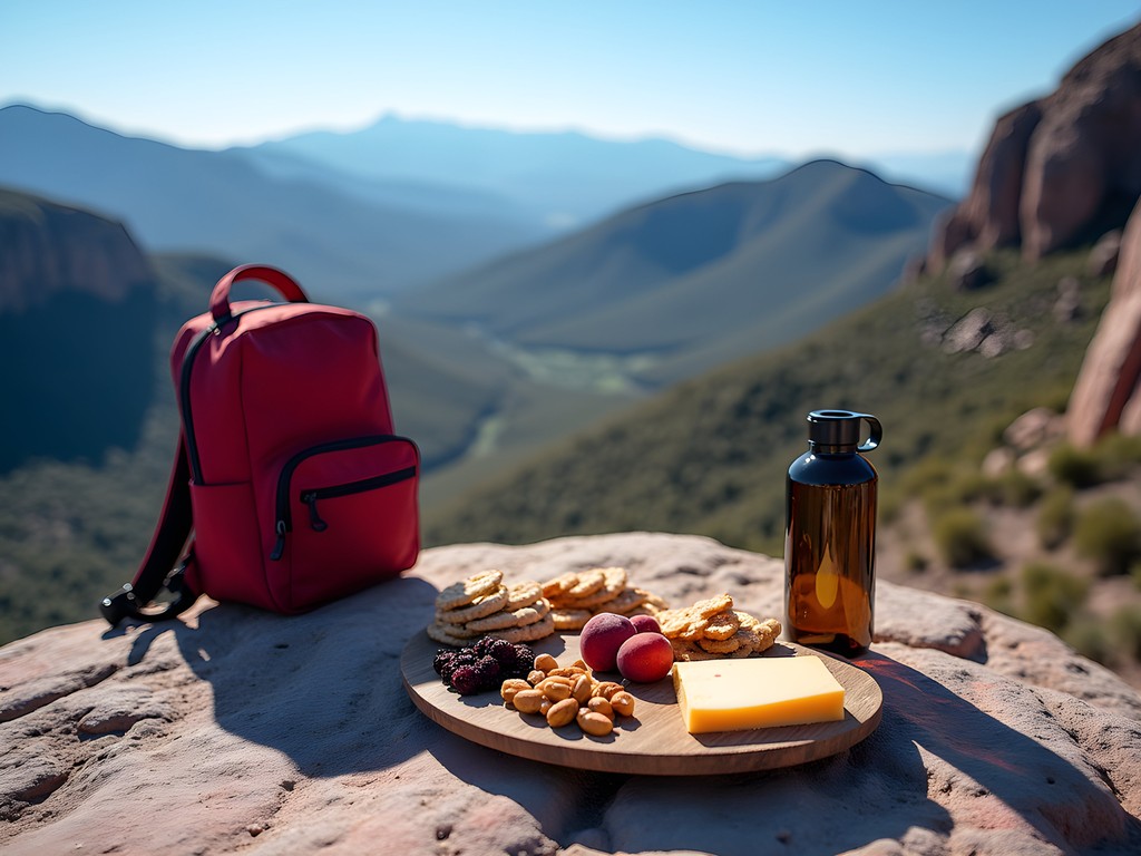 Budget-friendly picnic spread with view of Sandia Mountains from a hiking trail