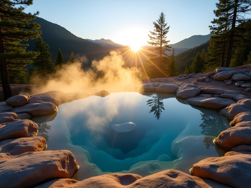 Spence Hot Springs in Jemez Mountains at sunrise with steam rising from pools