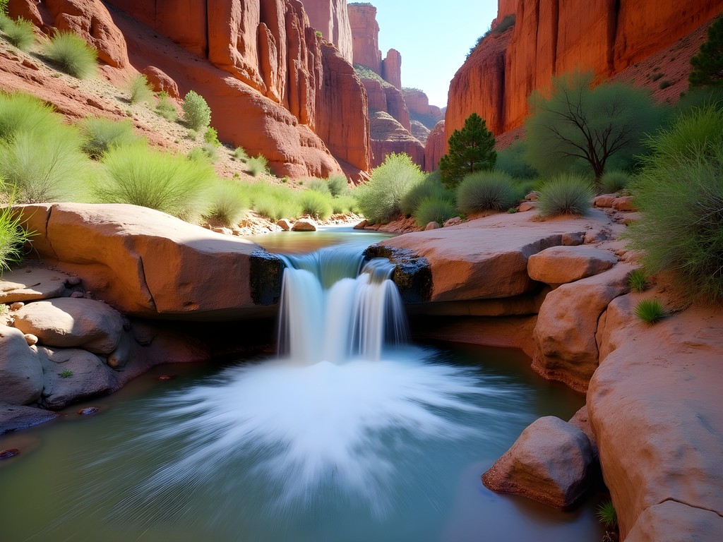 Seasonal waterfall on Piedra Lisa Trail in Sandia Mountains during spring